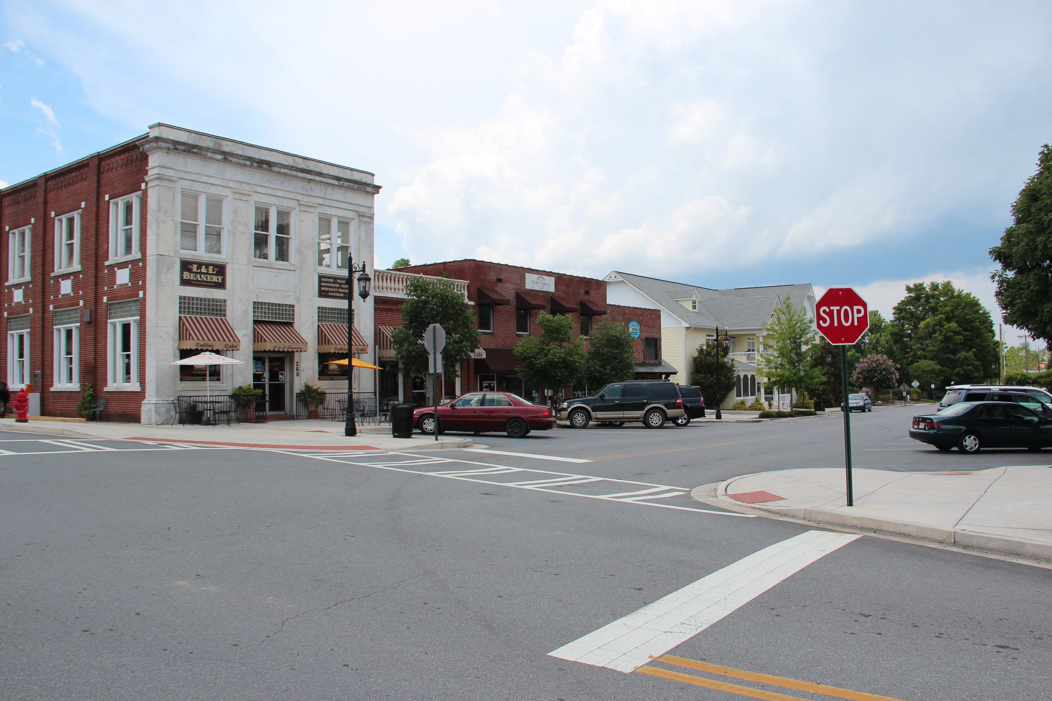 Historic brick storefronts along East Main Street in downtown Blue Ridge