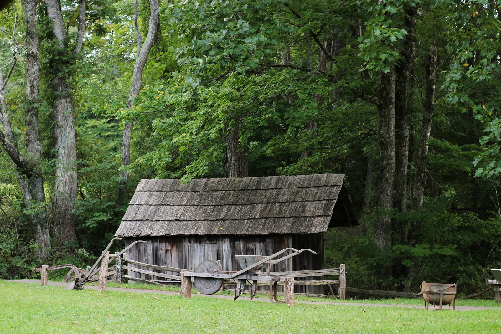 Wooden mountain cabin among hardwood trees in Blue Ridge, Georgia