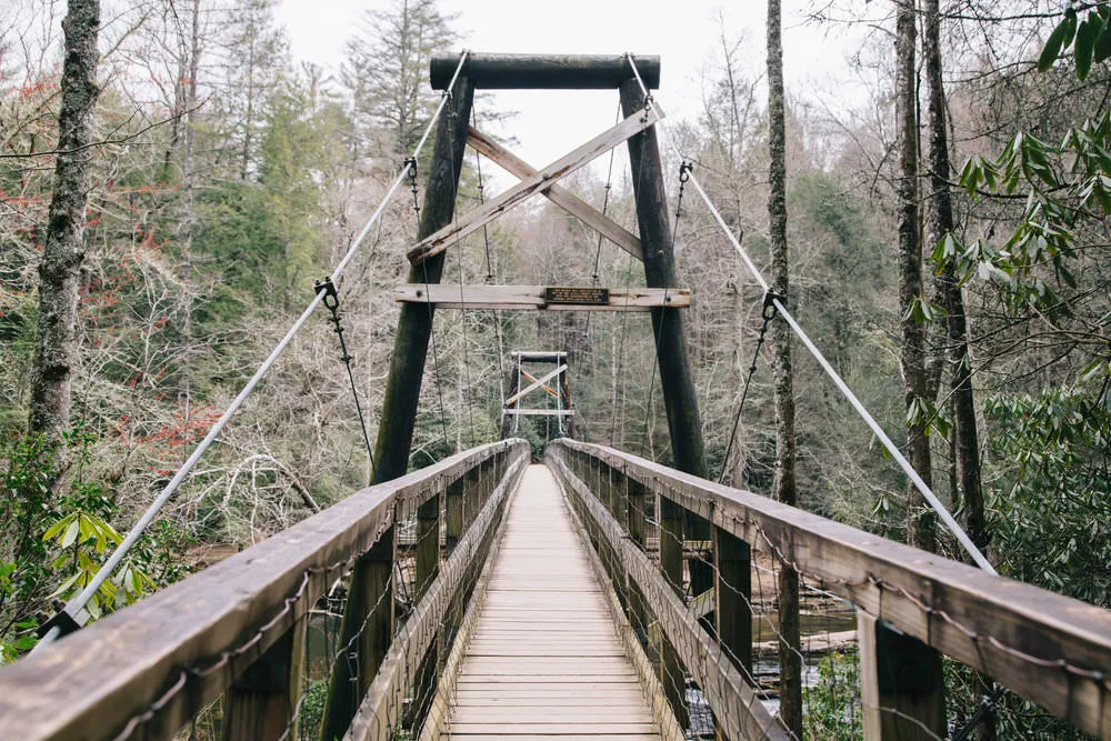 Swinging bridge over river