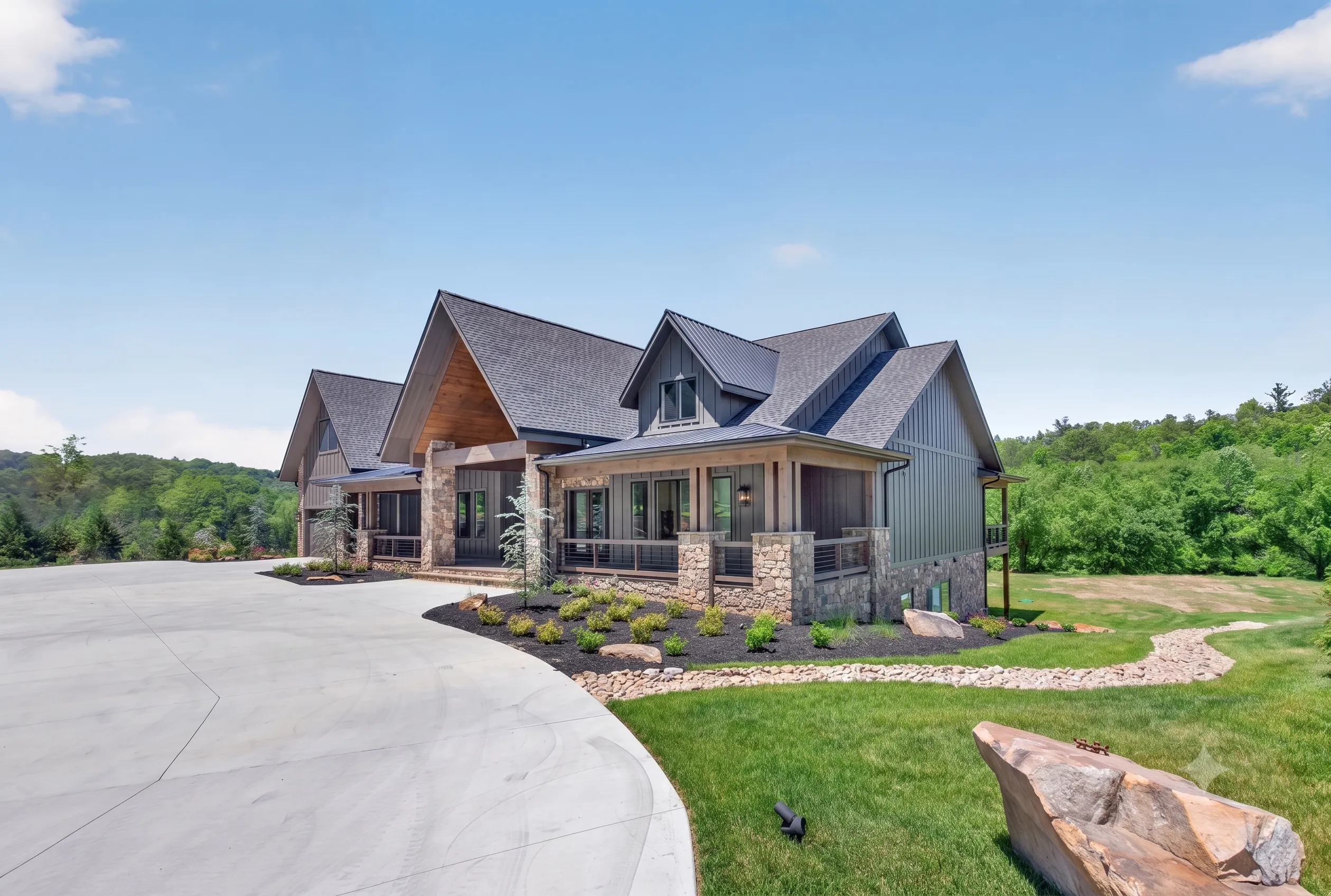 Mountain home with stone columns, covered porch, and circular driveway