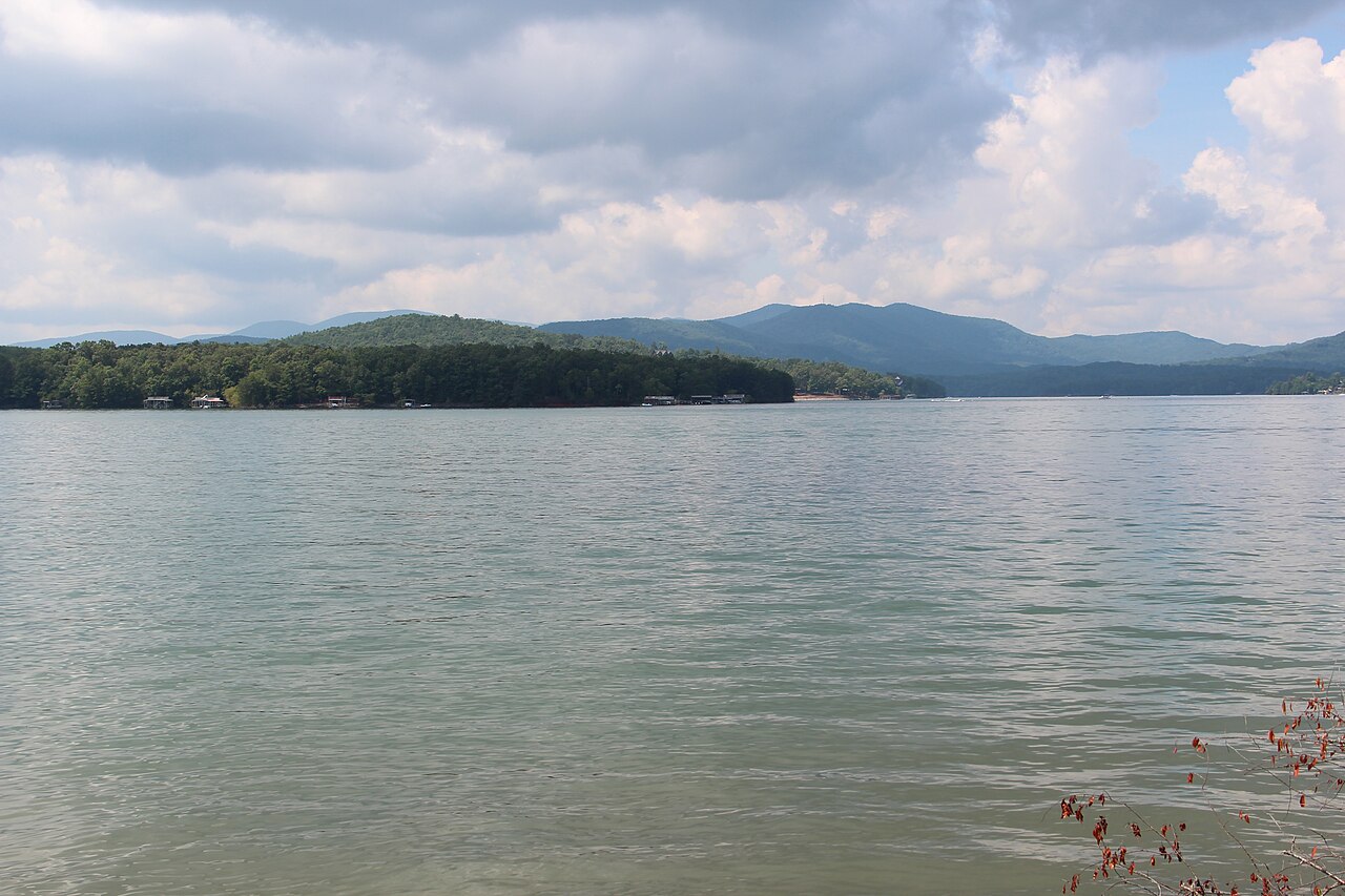 Lake Blue Ridge seen from Morganton Point, with forested shoreline and the North Georgia mountains behind it