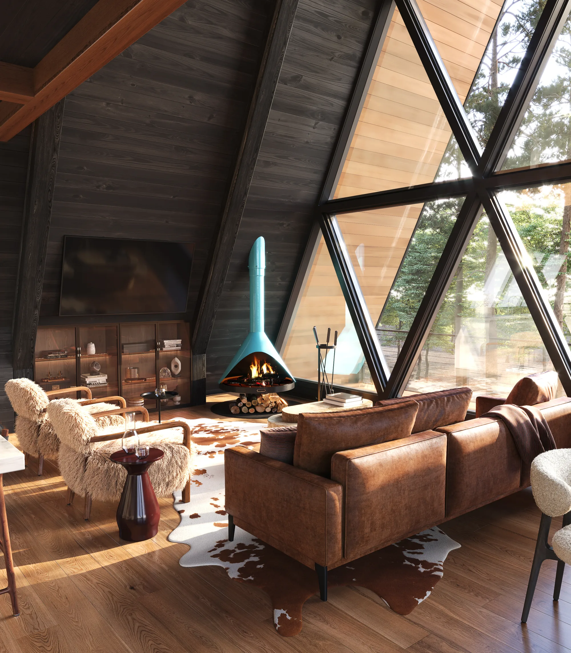 North Creek — great room rendering, freestanding fireplace and leather seating
