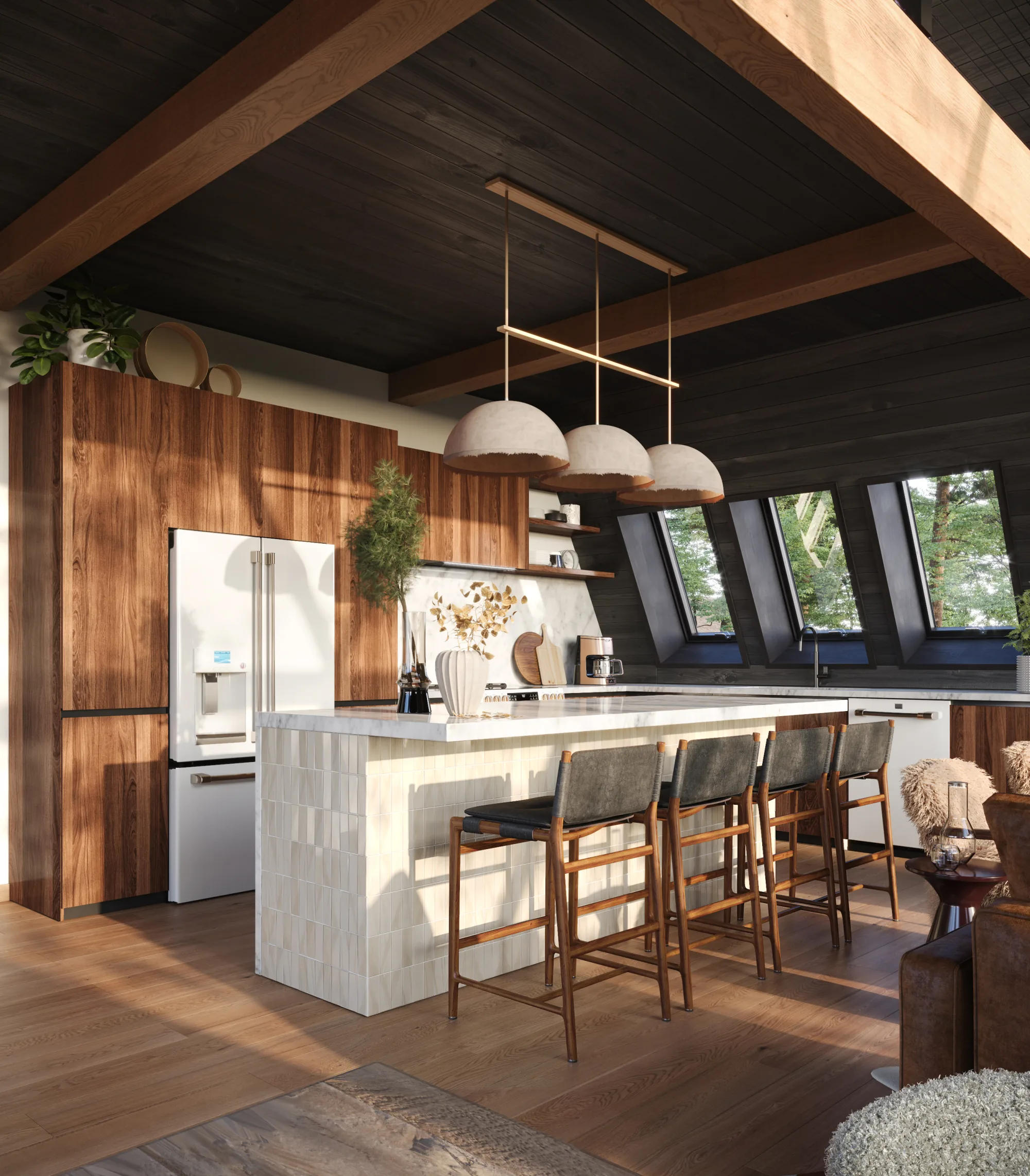 North Creek — kitchen rendering, island and pendant lighting