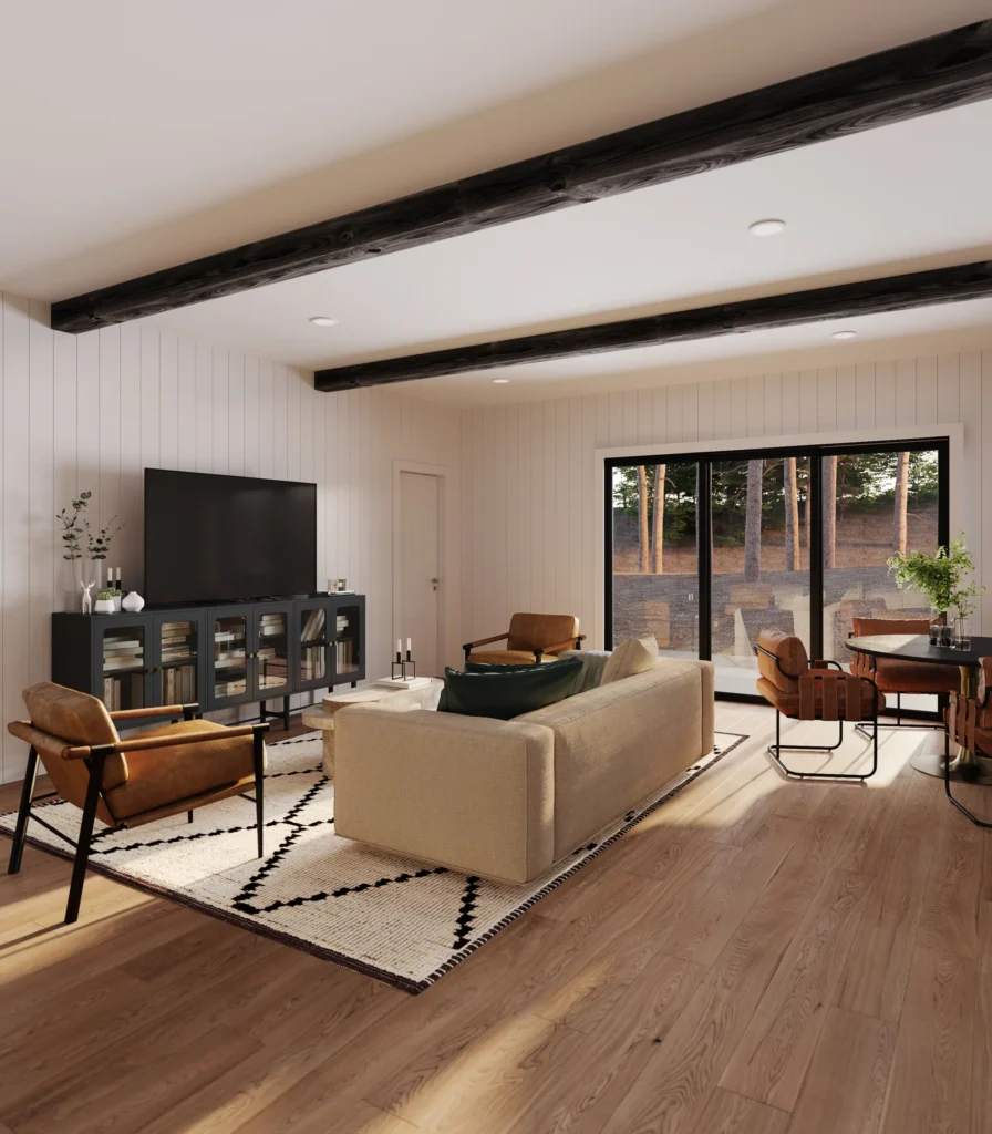 North Creek — living room rendering, beamed ceiling