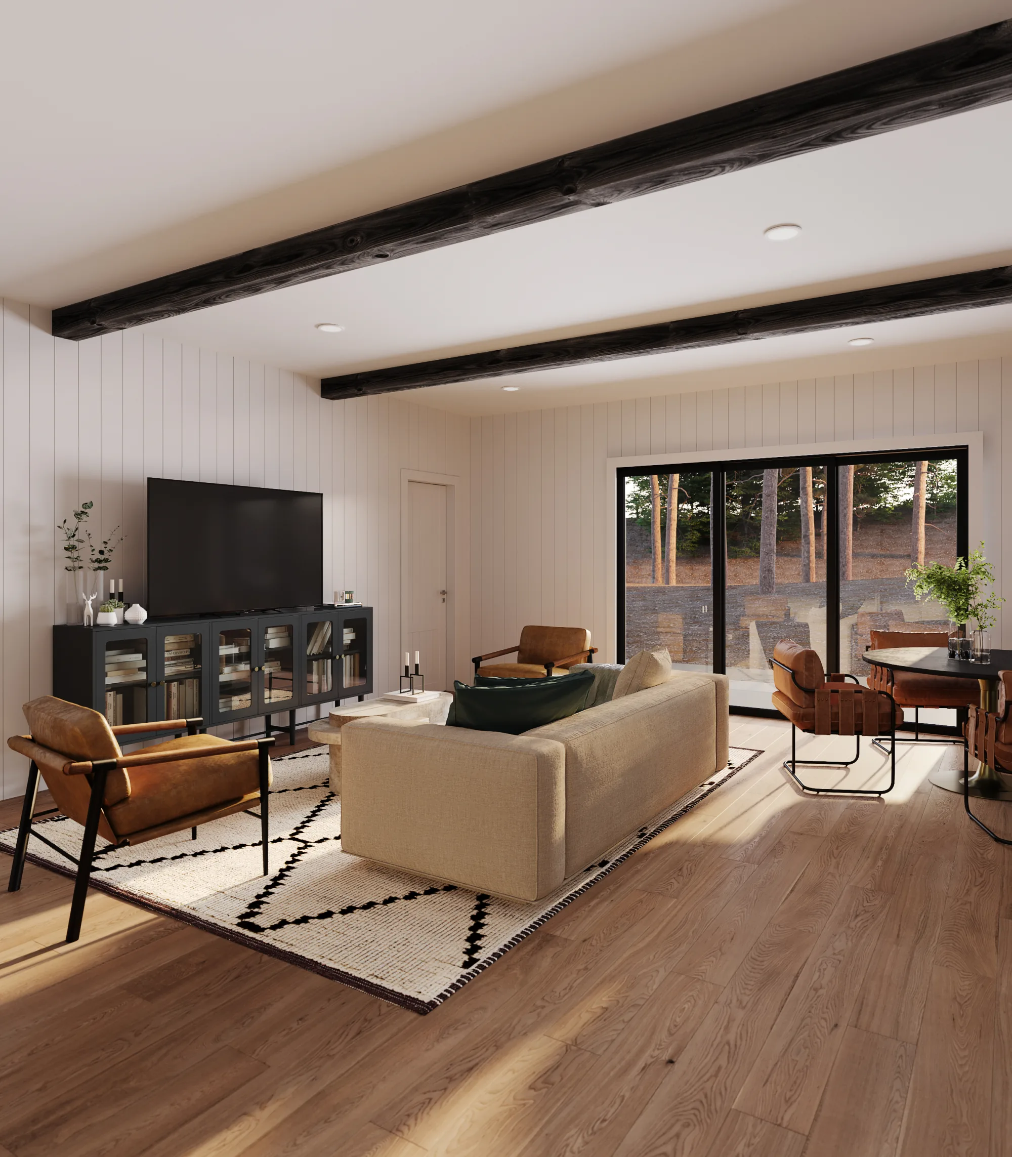 North Creek — living room rendering, beamed ceiling