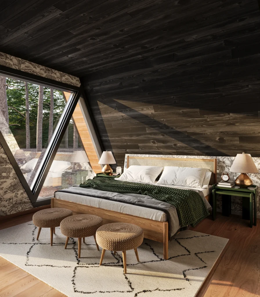 North Creek — primary bedroom rendering, A-frame glass wall