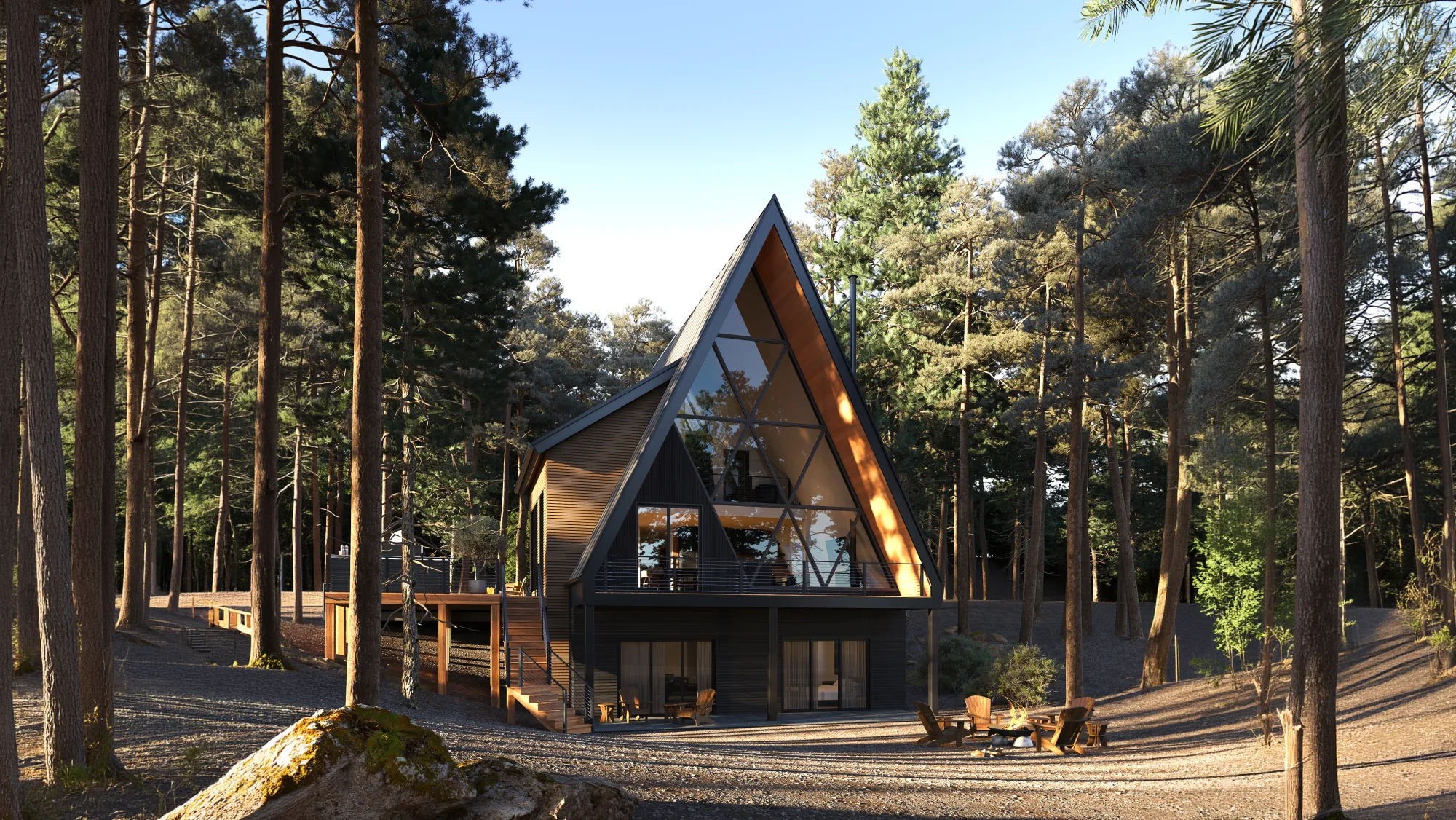 North Creek — exterior rendering, wide shot through the pines