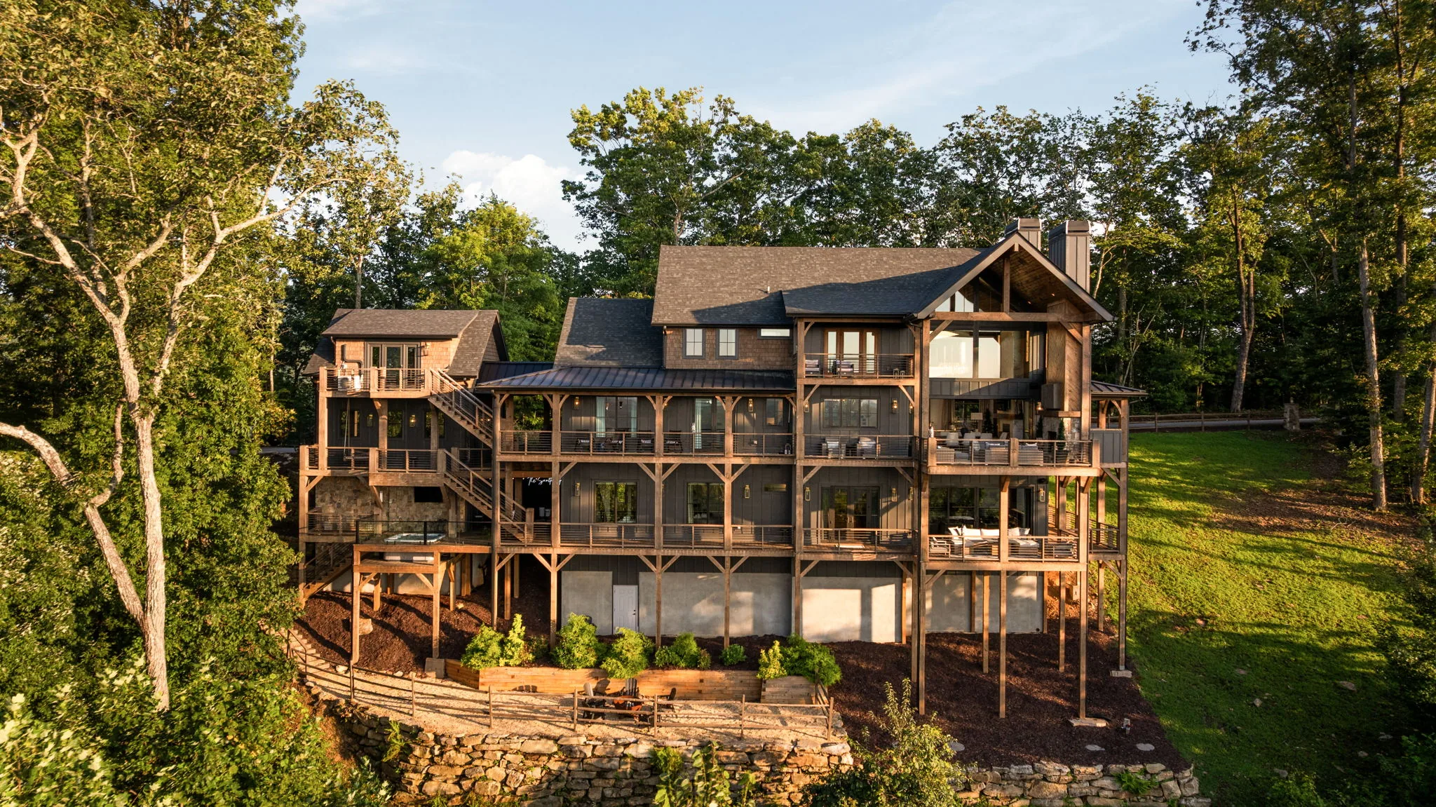 Aerial backyard decks goldenhour — 684 Overlook Drive