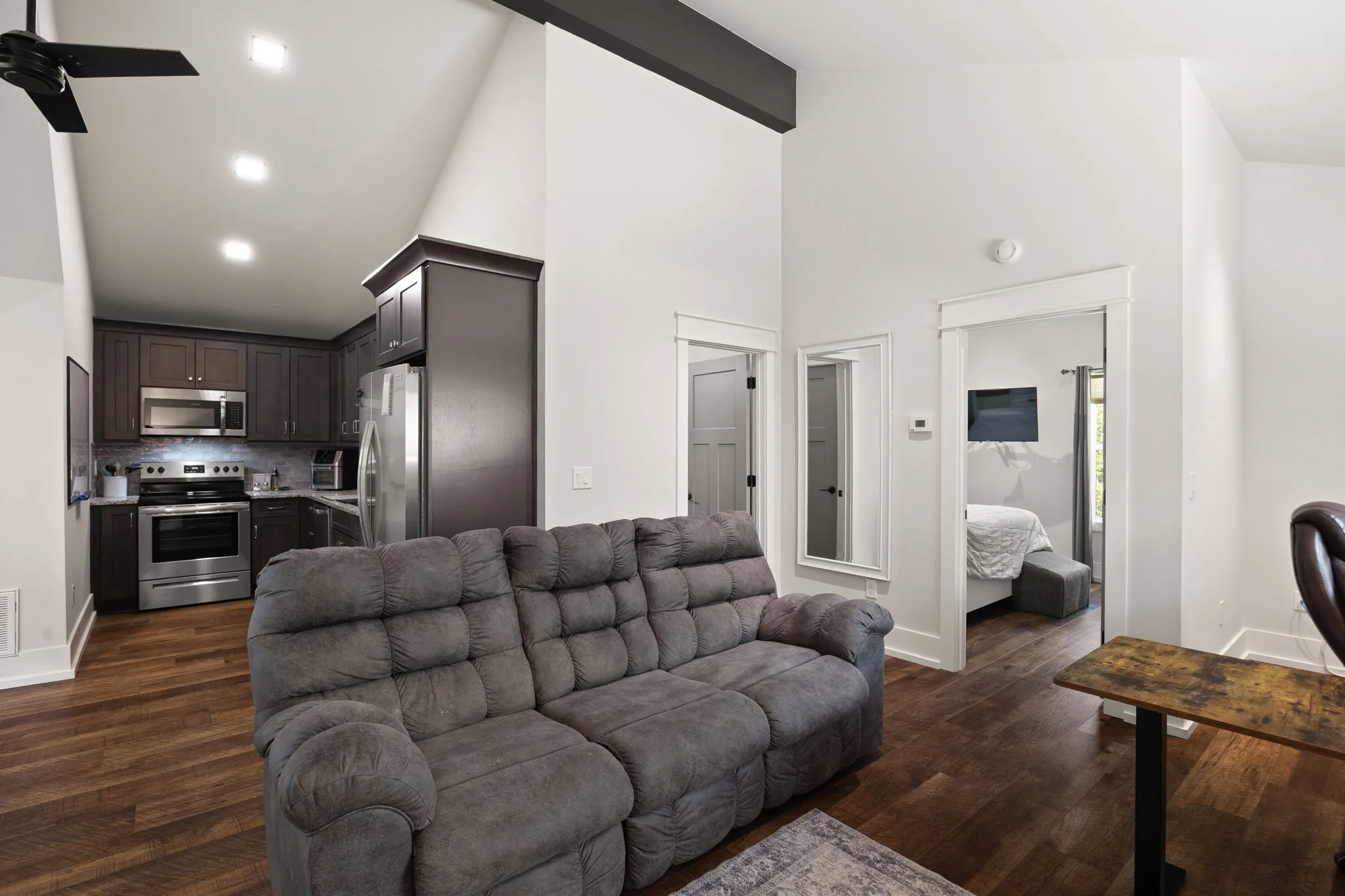 ADU kitchen, living and sleeping area with vaulted ceiling