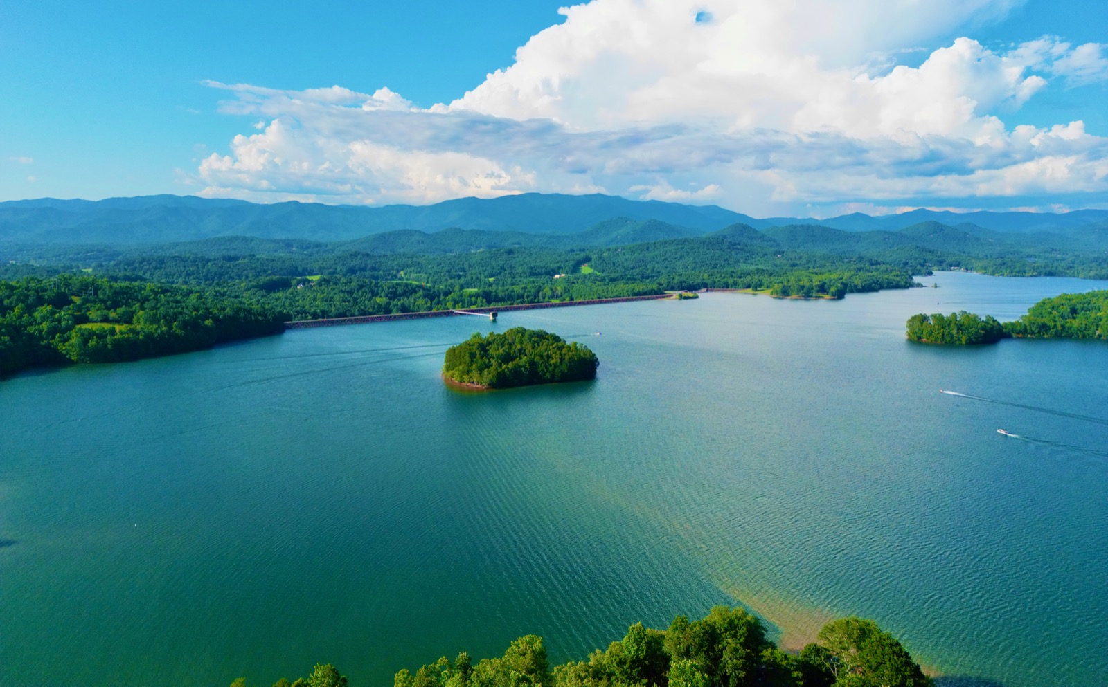 Aerial view of Lake Chatuge with the Blue Ridge mountains beyond