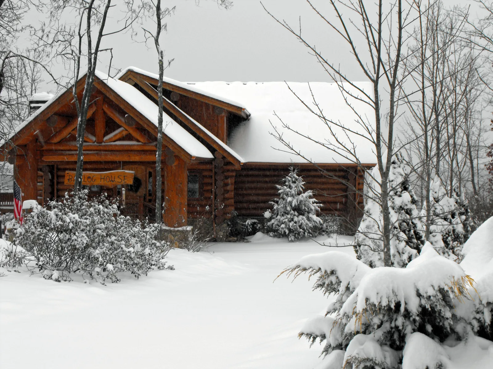 A log home in Fannin County, Georgia, after a winter snow, with bare hardwoods and snow-covered evergreens around the porch