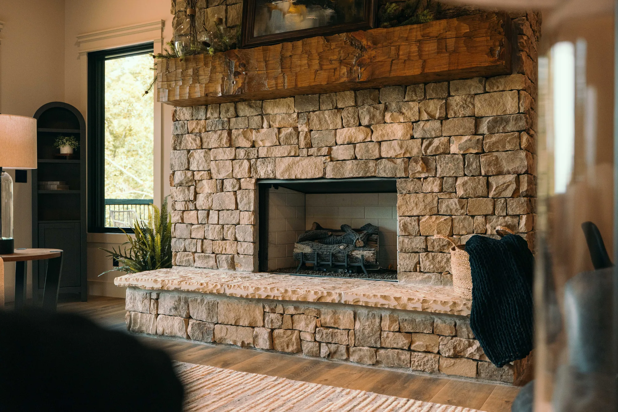 Stone fireplace hearth detail